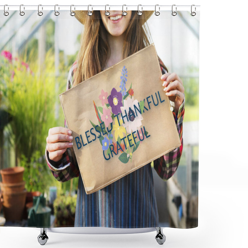 Personality  Young Woman In Hat Holding Poster Shower Curtains