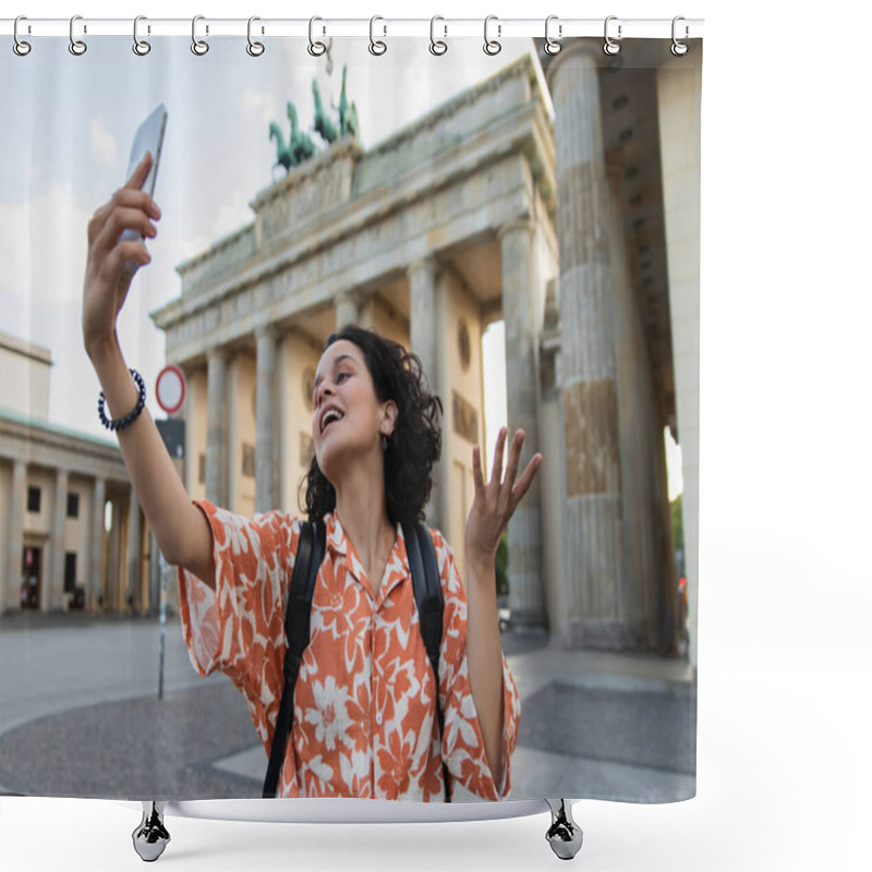 Personality  Curly Tourist With Backpack Taking Selfie On Smartphone Near Brandenburg Gate In Berlin  Shower Curtains