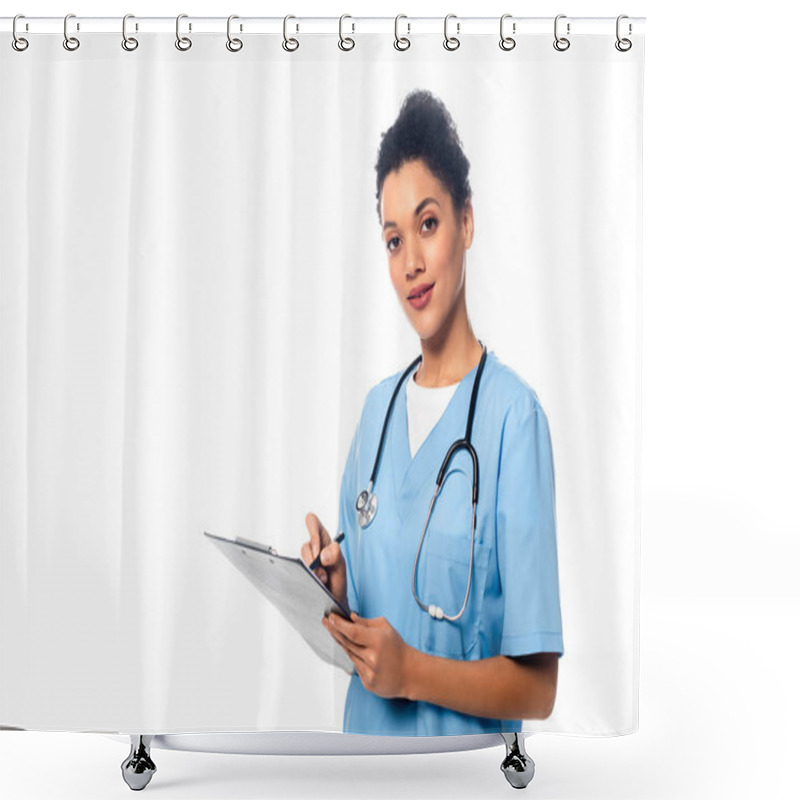 Personality  African American Nurse With Stethoscope Writing On Clipboard Isolated On White Shower Curtains