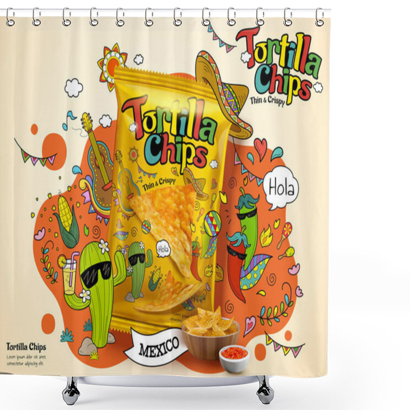 Personality  Tortilla Corn Chip Bag In 3d Illustration, Ad Design With Cute Cartoon Cactus And Chili Illustrations On The Background Shower Curtains