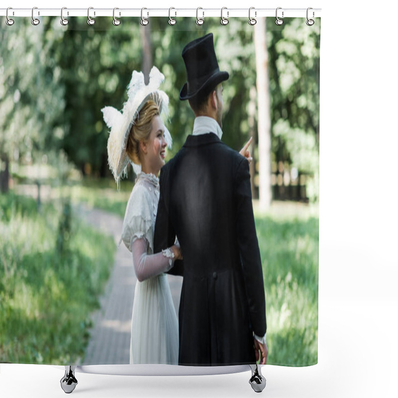 Personality  Happy Young Victorian Woman Standing With Man In Hat Outside  Shower Curtains