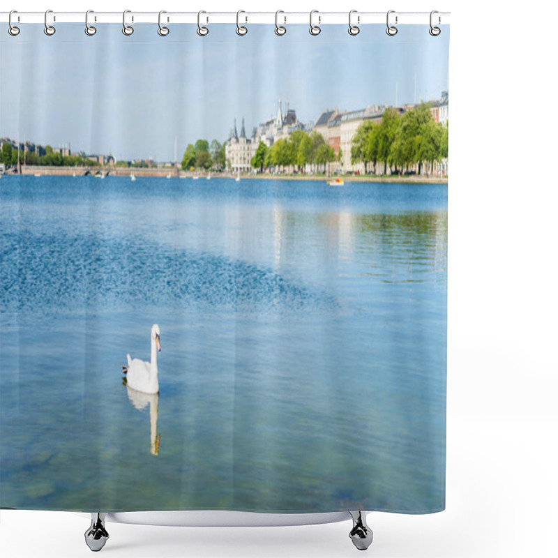 Personality  Cityscape With River And Swan In Foreground In Copenhagen, Denmark Shower Curtains