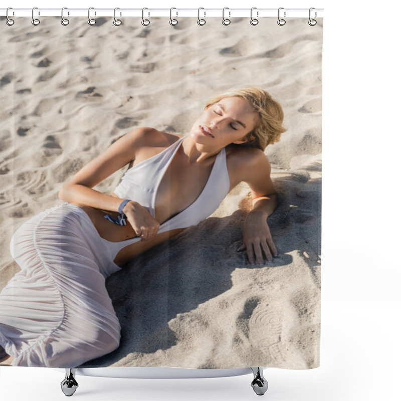 Personality  A Young, Beautiful Blonde Woman Lying Gracefully On The Sandy Shores Of Miami Beach, Enjoying The Peaceful Serenity Of The Moment. Shower Curtains