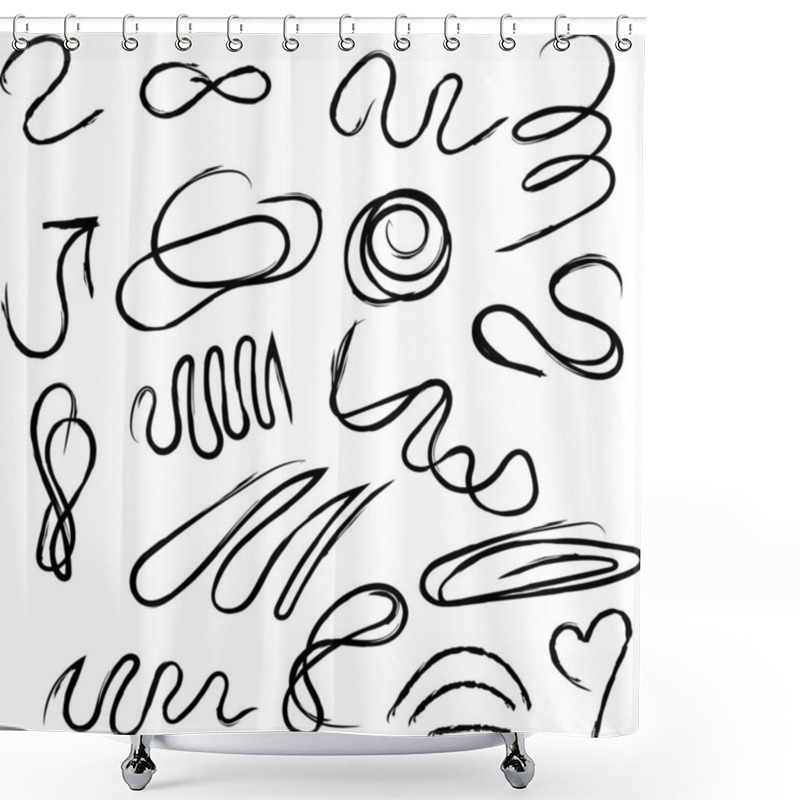 Personality  Hand Drawn Swirl Wave Brush Curly Charcoal Brushstroke. Vector Illustration. Set Of Wavy Paints For Brush Strokes. Line Wavy Paint Curly Hand Drawn Ink Calligraphy Elements. Shower Curtains