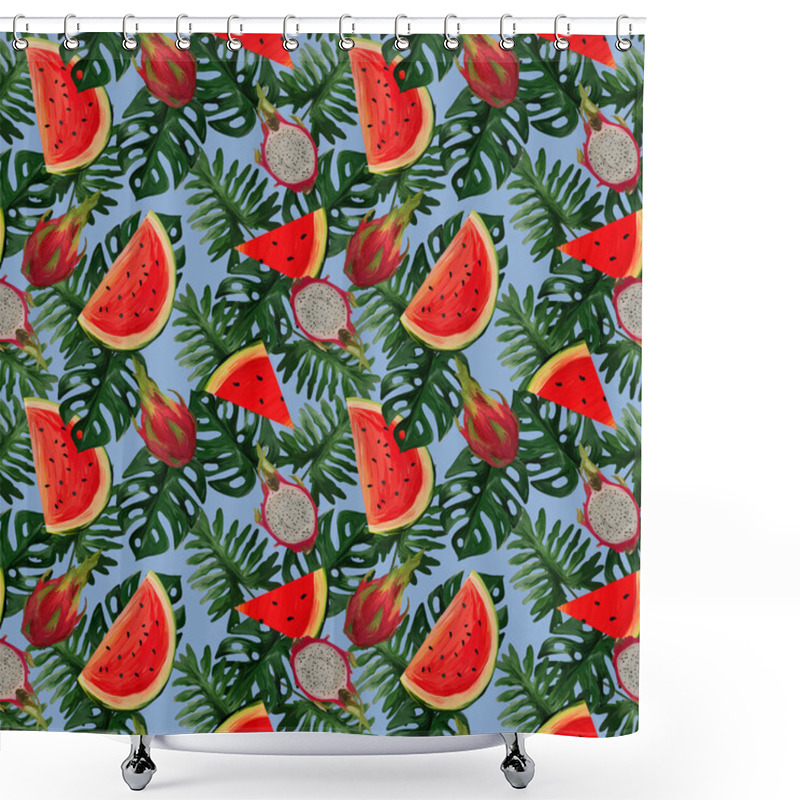 Personality  Modern Seamless Pattern With Dragon Fruit, Watermelon, Tropical Leaves On Blue Background Summer Vibes. Hand Painted Botanical Illustration For Textiles, Packaging, Fabrics. Shower Curtains