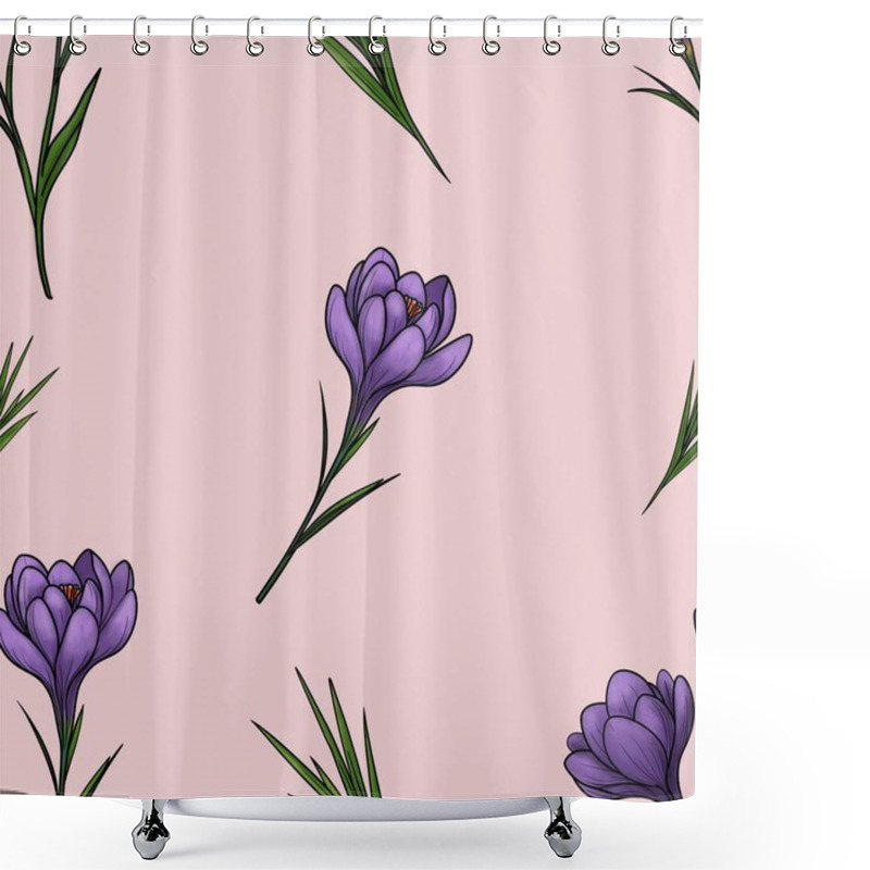 Personality  Spring Purple Crocuses With Leaves In Big Design On Soft Pink Background Shower Curtains