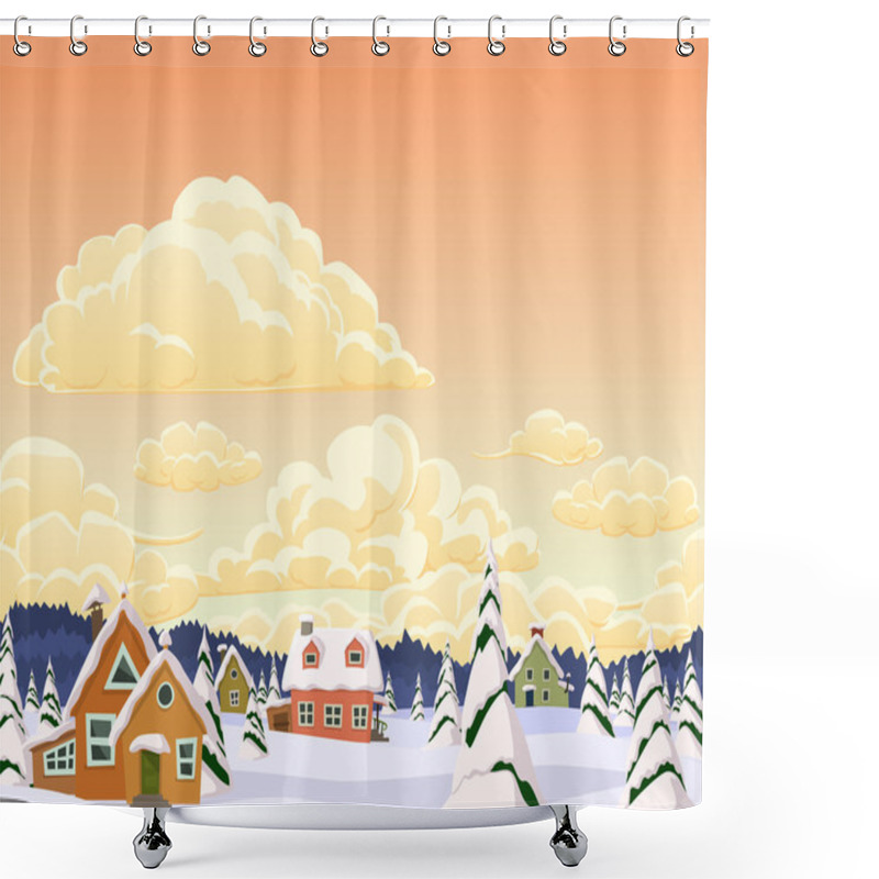 Personality  Vector Winter Landscape With Village And Trees Shower Curtains