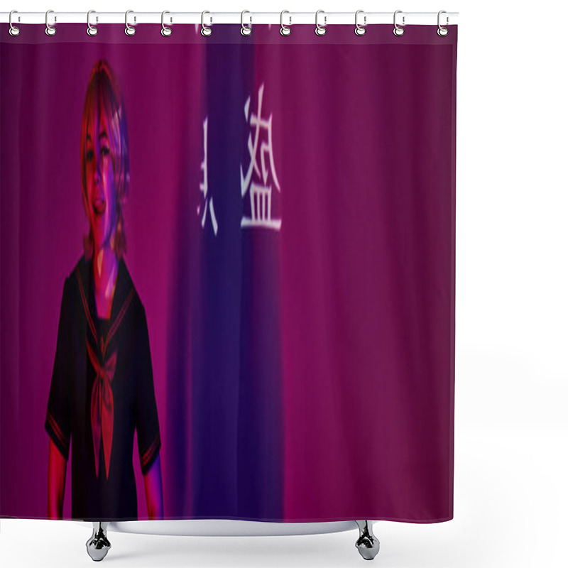 Personality  Cosplay Woman In School Uniform Sticking Out Tongue In Neon Light On Purple With Hieroglyphs, Banner Shower Curtains