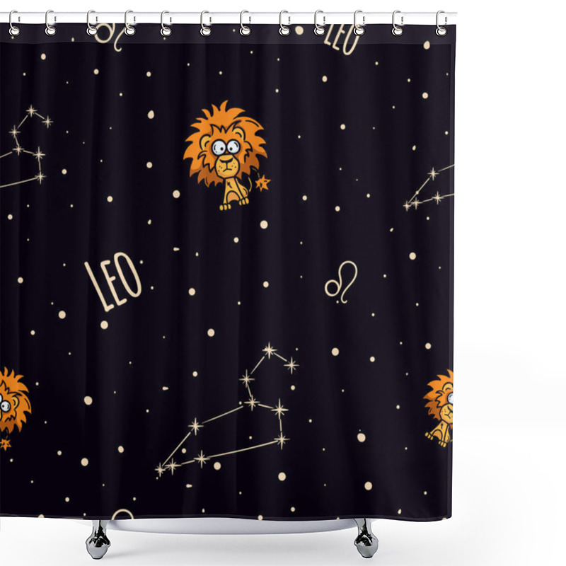 Personality  Vector Seamless Pattern With The Zodiac Sign Leo. Astrological Theme. Background With Starry Sky And Constellation For Wrapping Paper, Gift, Decoration. Vector Illustration Shower Curtains