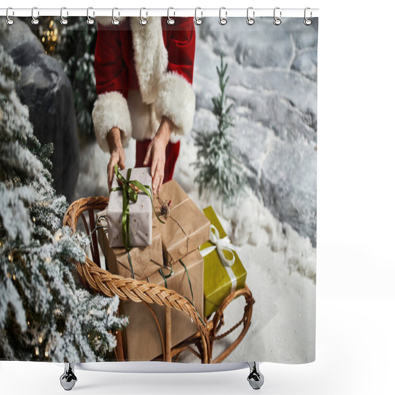 Personality  A Cheerful Figure In A Red Suit Places Wrapped Gifts On A Wooden Sleigh Surrounded By Snow. Shower Curtains