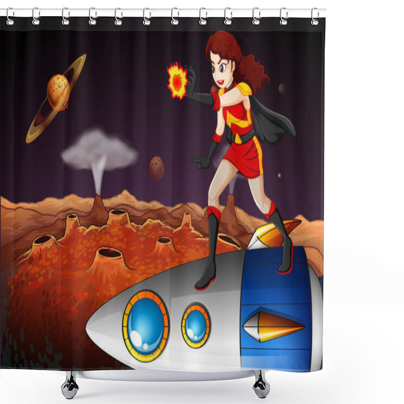 Personality  A Female Superhero At The Galaxy Standing Above The Spaceship Shower Curtains