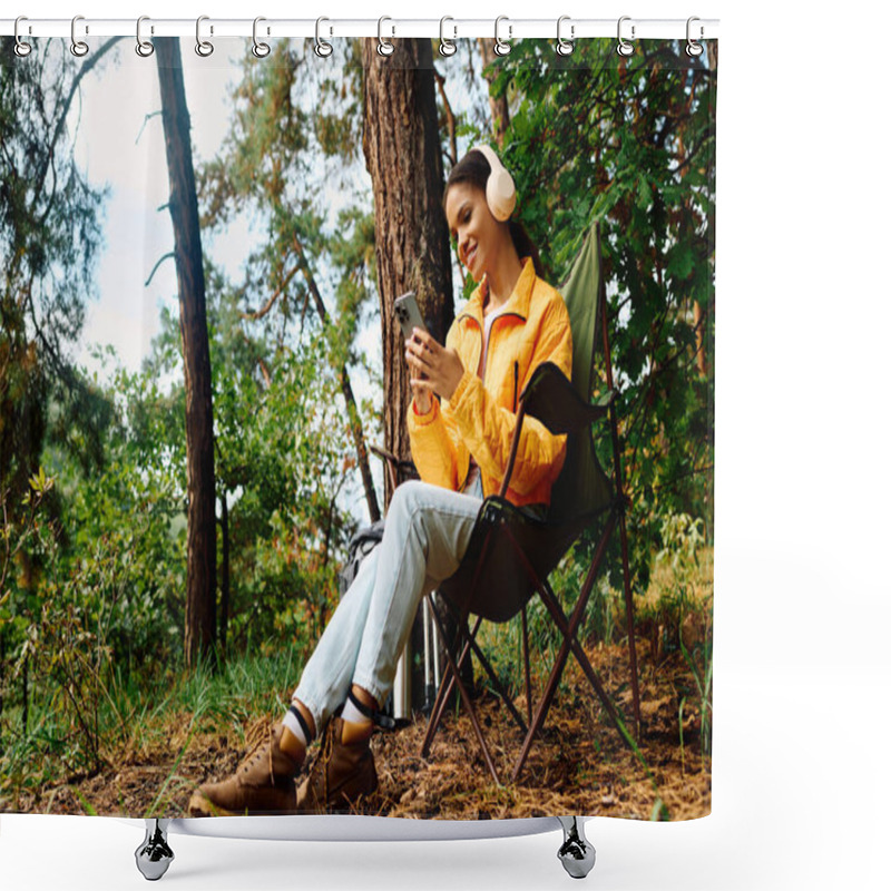 Personality  A Young Woman Relaxes In A Chair, Fully Immersed In Music As She Hikes Through Colorful Autumn Woods. Shower Curtains