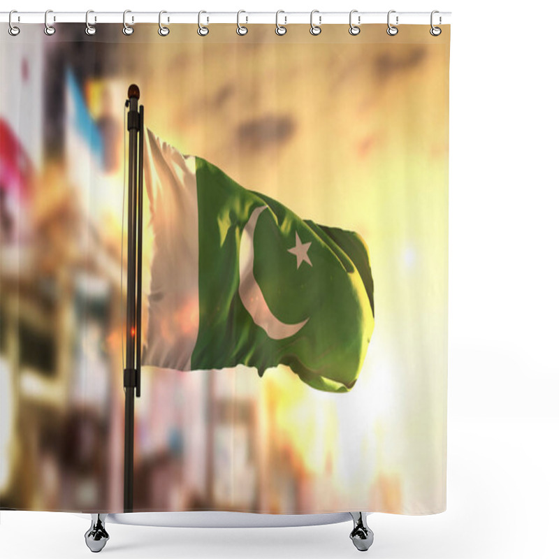 Personality  Pakistan Flag Against City Blurred Background At Sunrise Backlig Shower Curtains