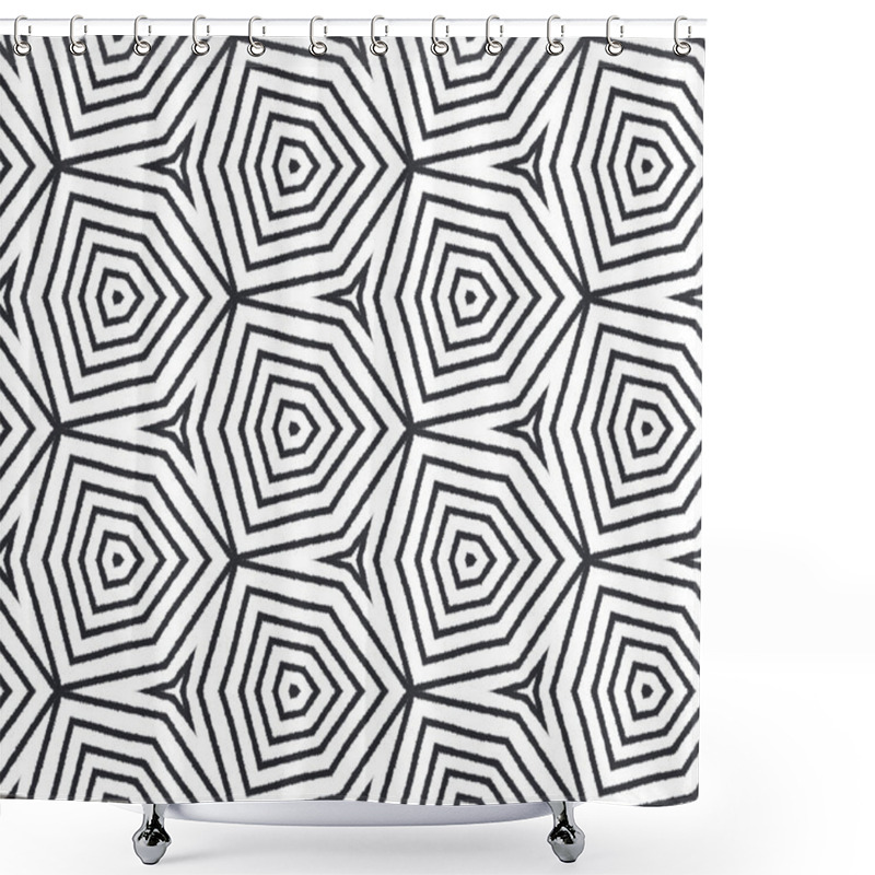 Personality  Ethnic Hand Painted Pattern. Black Symmetrical Kaleidoscope Background. Summer Dress Ethnic Hand Painted Tile. Textile Ready Exotic Print, Swimwear Fabric, Wallpaper, Wrapping. Shower Curtains