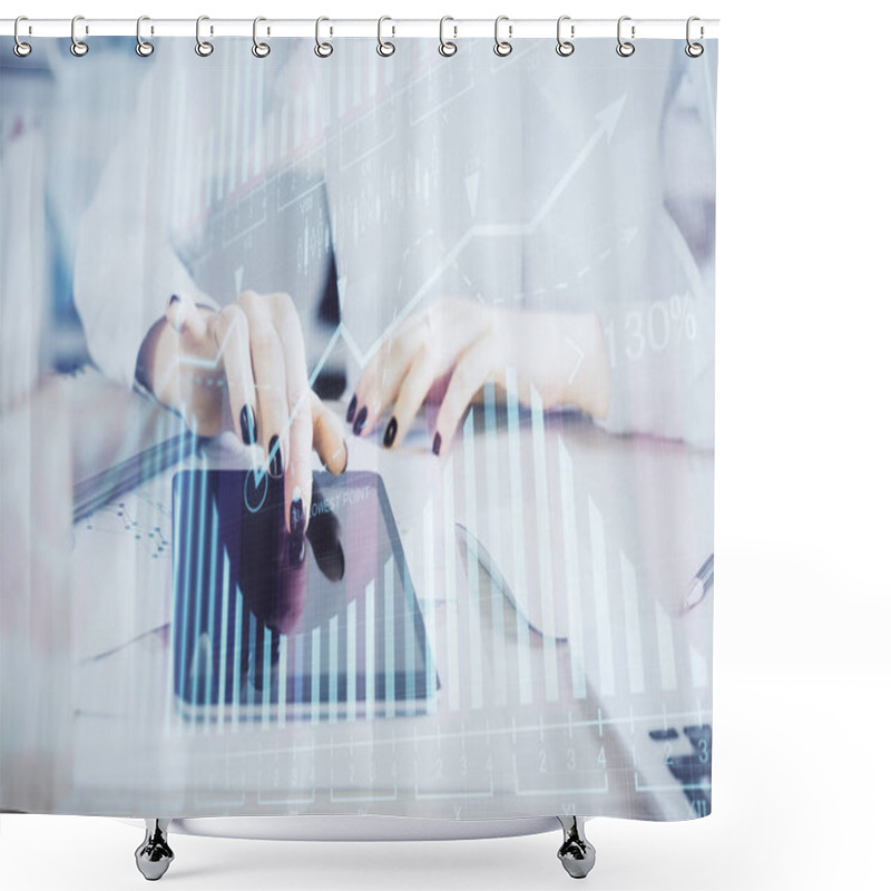 Personality  Double Exposure Of Forex Chart Sketch Hologram And Woman Holding And Using A Mobile Device. Financial Market Concept. Shower Curtains