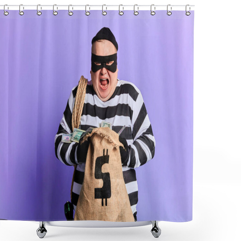 Personality  Cruel Guilty Thief Holding A Sack And Loking At The Camera Shower Curtains