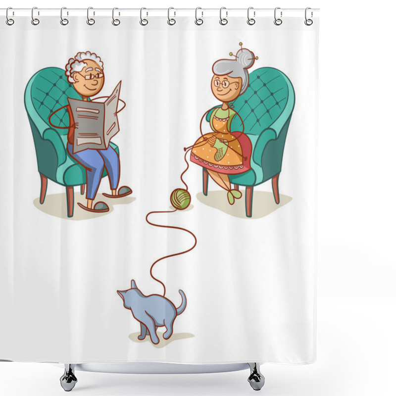 Personality  Grandfather Grandmother And Cat Shower Curtains