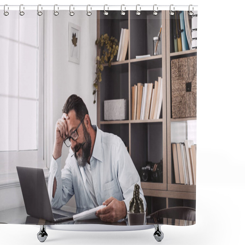 Personality  Unhealthy Old Stressed Businessman Looking At Laptop, Using Computer, Suffering From Work Too Much Or Long Computer Overwork.  Shower Curtains