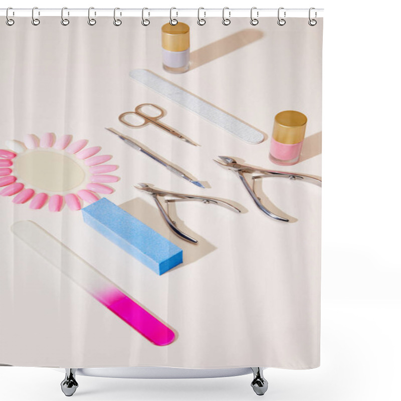 Personality  High Angle View Of Samples Of Nail Polish With Manicure Instruments On White Background Shower Curtains