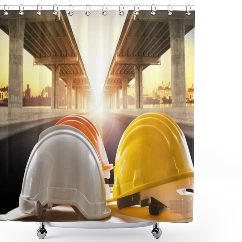 Personality  Safety Helmet On Civil Engineering Working Table Against Bridge Construction In Urban Scene Shower Curtains