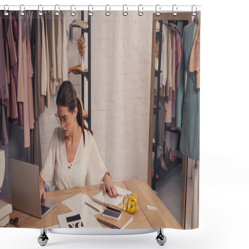 Personality  Seamstress Using Laptop Near Notebooks And Sketches In Workshop  Shower Curtains