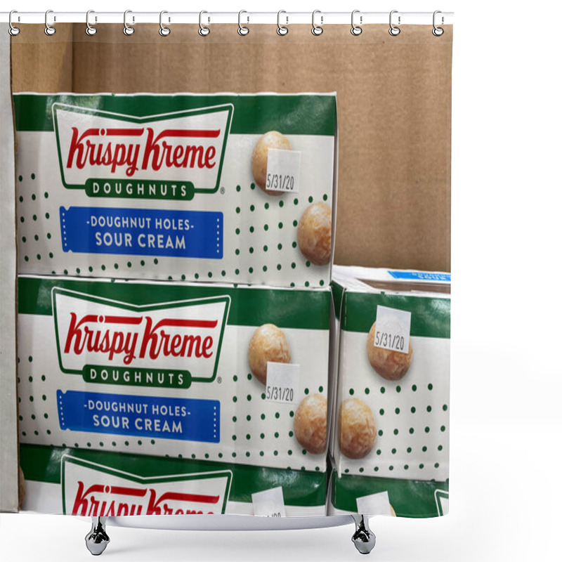 Personality  Orlando,FL/USA -5/15/20:  A Stack Of Boxes Of Krispy Kreme Doughnut Holes At A Sams Club Grocery Store Ready To Be Purchased By Consumers. Shower Curtains