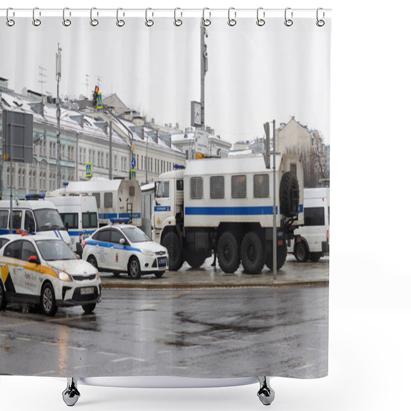 Personality  Moscow, Russia, January 23, 2021: Police Vehicles To Detain Protesters At Politics Protests Against Putin In Russia, Moscow, Trubnaya Square Shower Curtains