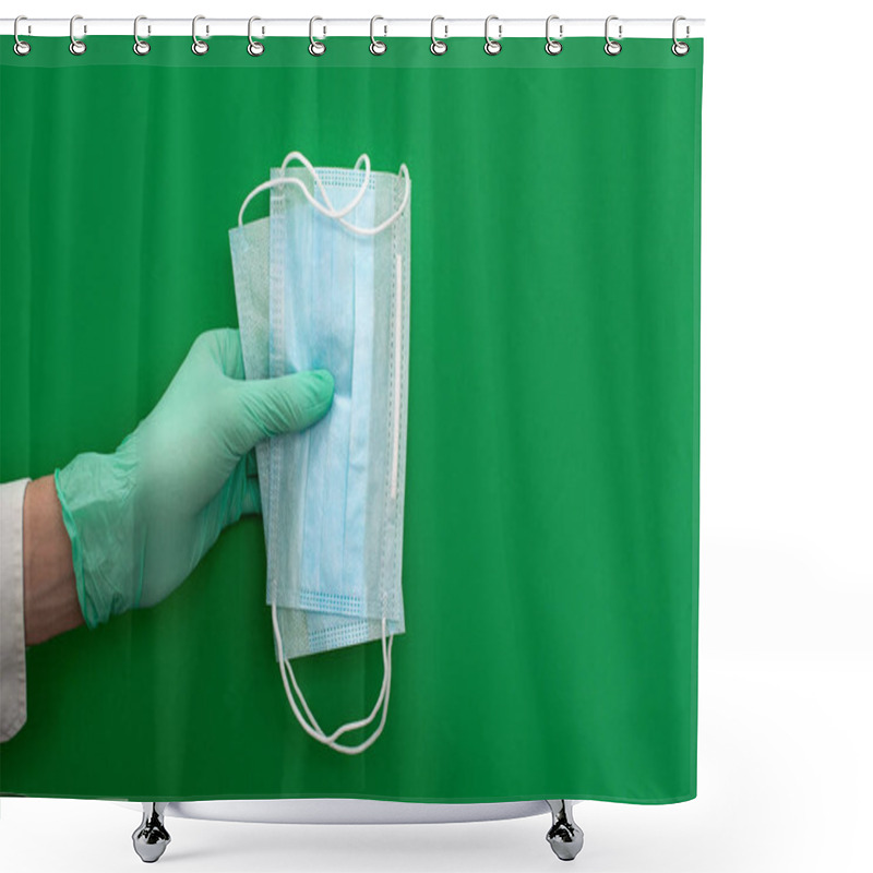 Personality  Multi-colored Medical Protection Gloves, Latex. Medical Protective Mask On Green Background. Coronavirus Optimistic Hygiene Concept Shower Curtains