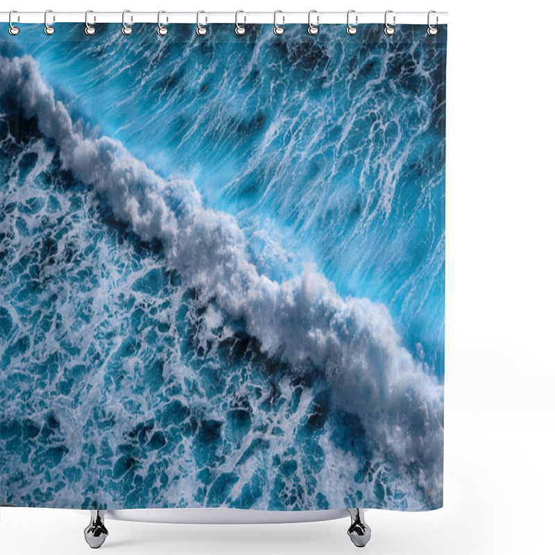 Personality  Aerial View To Waves In Ocean Splashing Waves. Blue Clean Wavy Sea Water. Seething Waves With Foam. Shower Curtains