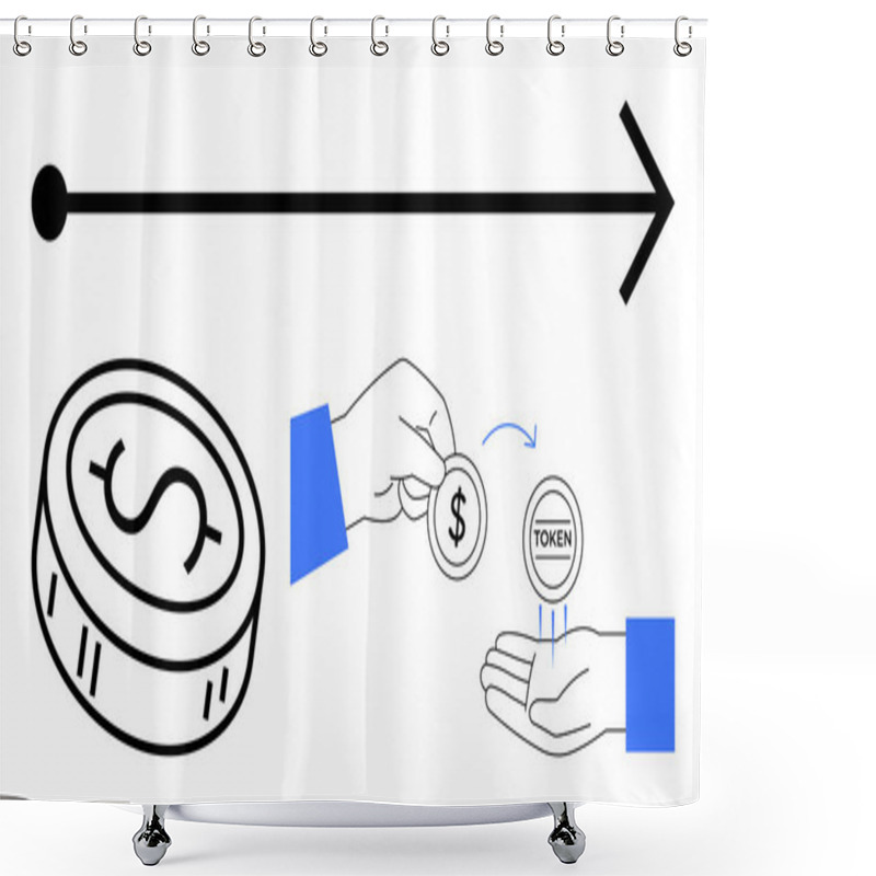 Personality  Hand Holding A Coin With Dollar Sign, Another Hand Accepting A Token, Horizontal Arrow Indicating Transaction Flow. Ideal For Finance, Cryptocurrency, Trading, Digital Payments, Blockchain Shower Curtains