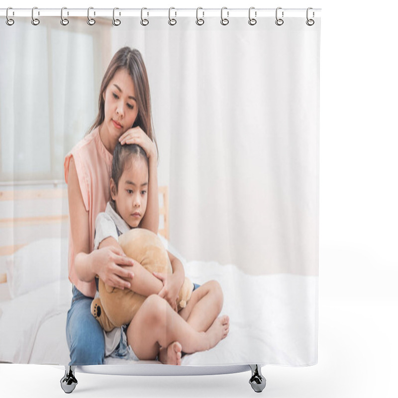 Personality  Asian Mother Hugging And Comforting Her Sad Daughter Shower Curtains