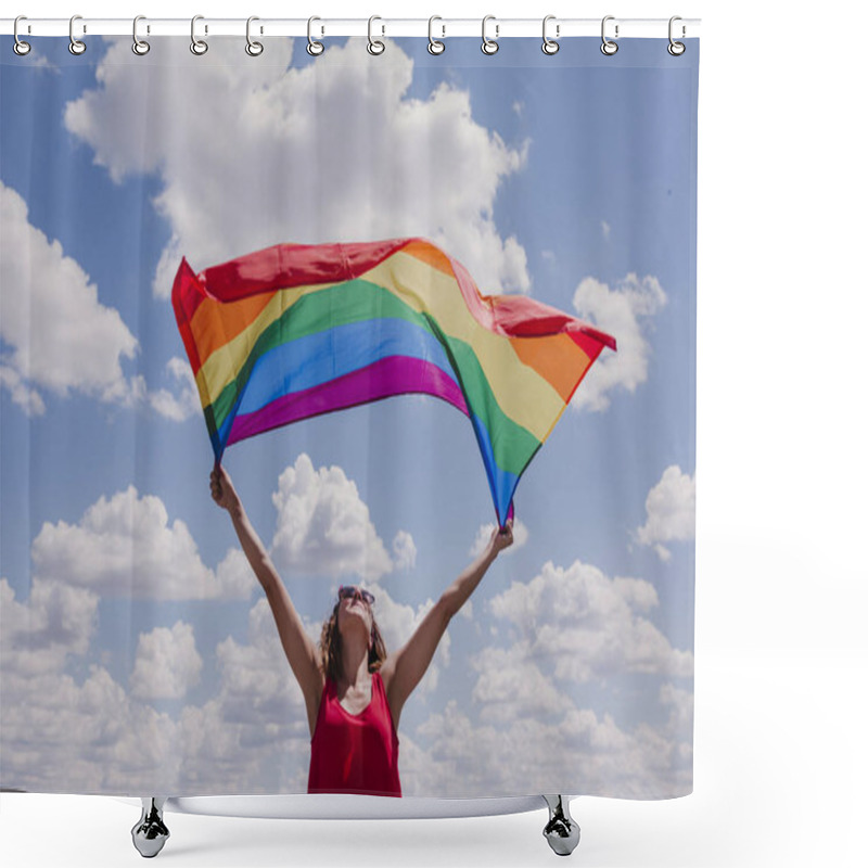 Personality  Woman Holding The Gay Rainbow Flag Over Blue And Cloudy Sky Outdoors. Happiness, Freedom And Love Concept For Same Sex Couples. LIfestyle Outdoors Shower Curtains