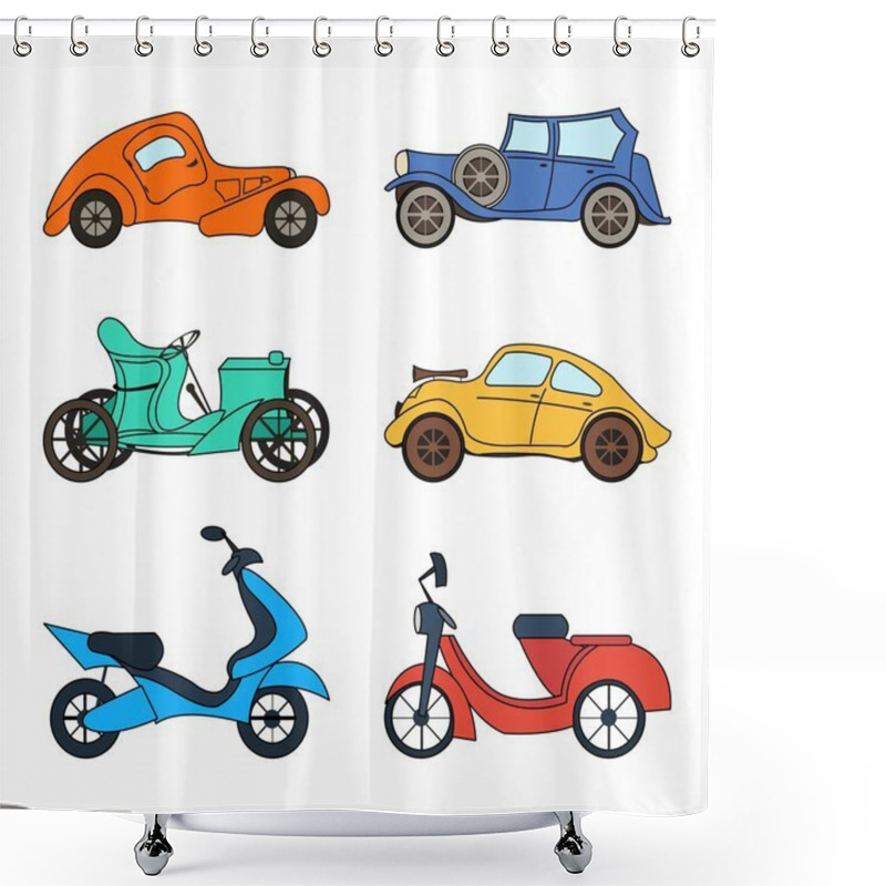 Personality  Vector Set Of Four Retro Cars And Two Scooters Shower Curtains