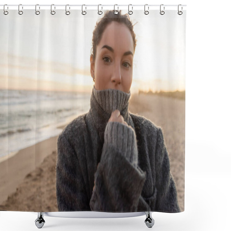 Personality  Portrait Of Woman In Coat And Sweater Looking At Camera On Beach In Spain  Shower Curtains