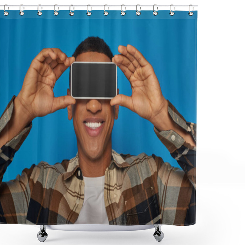 Personality  Happy African American Guy Obscuring Face With Smartphone On Blue Backdrop, Obscuring Face Shower Curtains