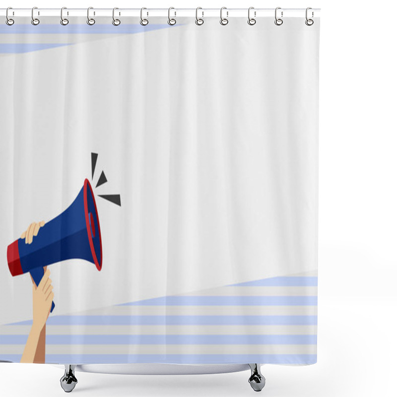 Personality  Human Hand Holding Tightly The Megaphone With Volume Icon. Blank Word Space For Announcement And Promotions. Loudhailer Grasp By Person With Sound And Empty Room For Text Graphics. Shower Curtains