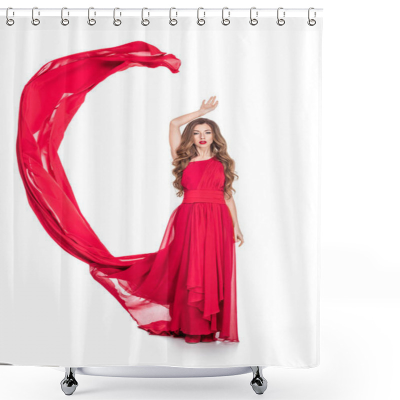 Personality  Glamorous Attractive Girl Posing In Fashionable Dress With Red Veil, Isolated On White Shower Curtains