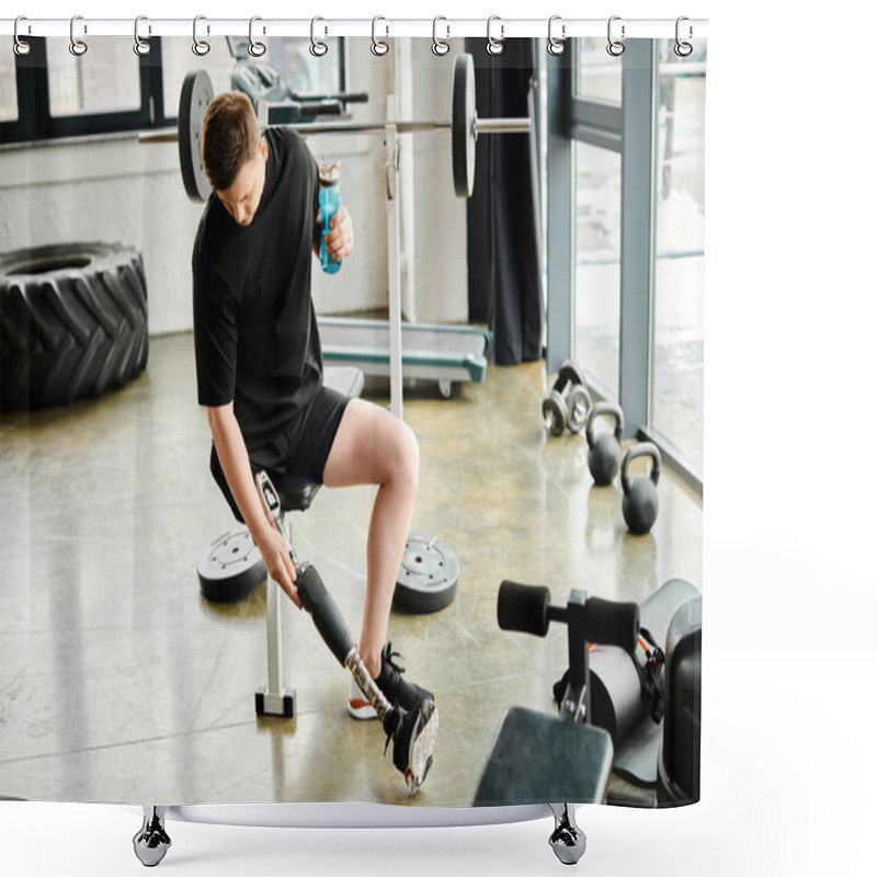 Personality  A Man With A Prosthetic Leg Sits Near A Barbell While Holding A Bottle Of Water In A Gym Setting. Shower Curtains