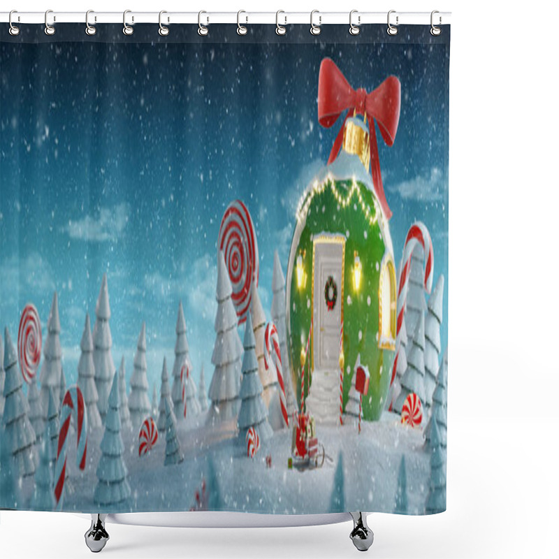 Personality  Amazing Fairy House Decorated At Christmas In Shape Of Christmas Bauble With Red Ribbon And Christmas Lights In Magical Forest With Candy Canes. Unusual Christmas 3d Illustration Postcard. Shower Curtains