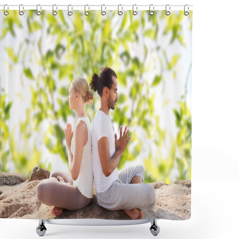 Personality  Smiling Couple Making Yoga Exercises Outdoors Shower Curtains