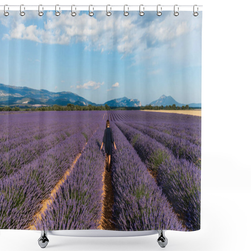 Personality  Back View Of Girl Walking Between Rows Of Blooming Lavender Flowers In Provence, France Shower Curtains