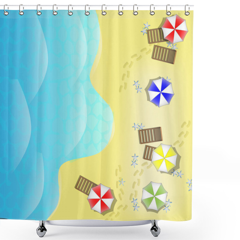 Personality  Illustration Of Beach From Above With Sea, Parasols And Beds Shower Curtains