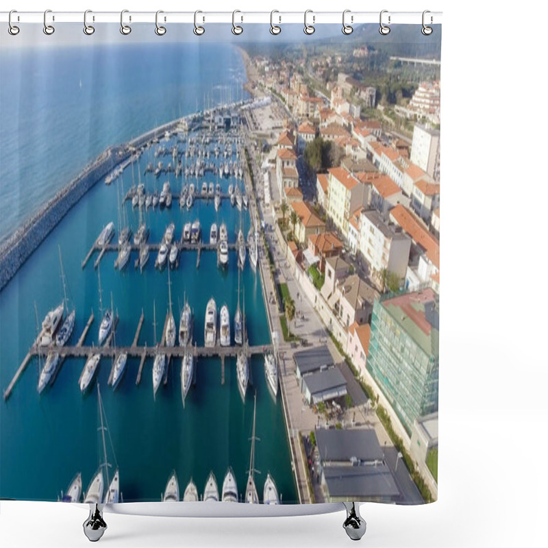 Personality  Aerial View Of Small City Port With Anchored Boats Shower Curtains