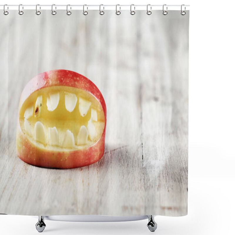 Personality  Scary Halloween Apple Mouth With Bared Teeth On A Textured White Background With Copyspace For Your Greeting Or Invitation Shower Curtains