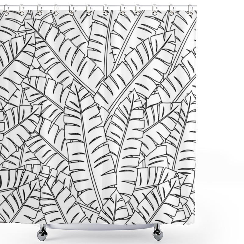 Personality  Seamless Pattern With Contour Lines Of Tropical Leaves On A White Background. Shower Curtains