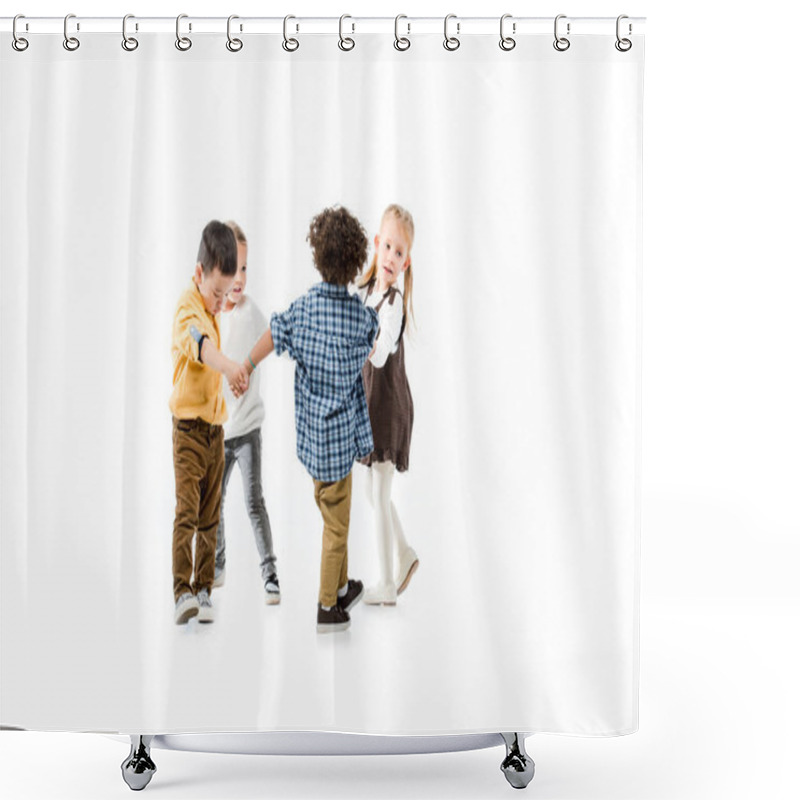 Personality  Adorable Multicultural Children Holding Hands And Playing Isolated On White Shower Curtains