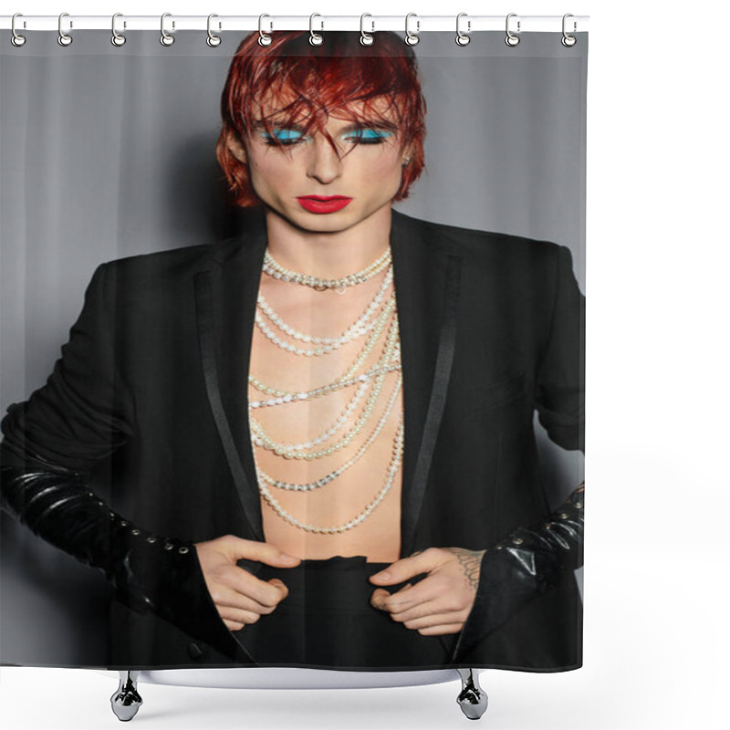 Personality  A Young Man With Red Hair Wears Bold Blue Makeup And Elegant Attire In A Stylish Setting. Shower Curtains