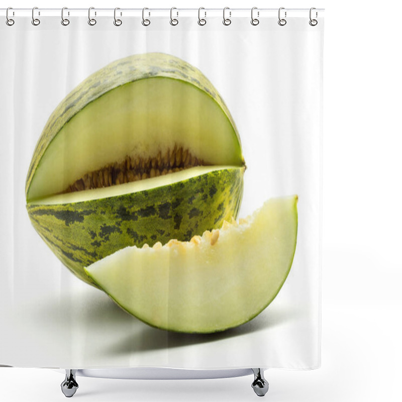 Personality  One Melon Piel De Sapo Cut Open With A Slice (Santa Claus Christmas Variety) Isolated On White Background Green Striped Outer Rind With Seed Shower Curtains