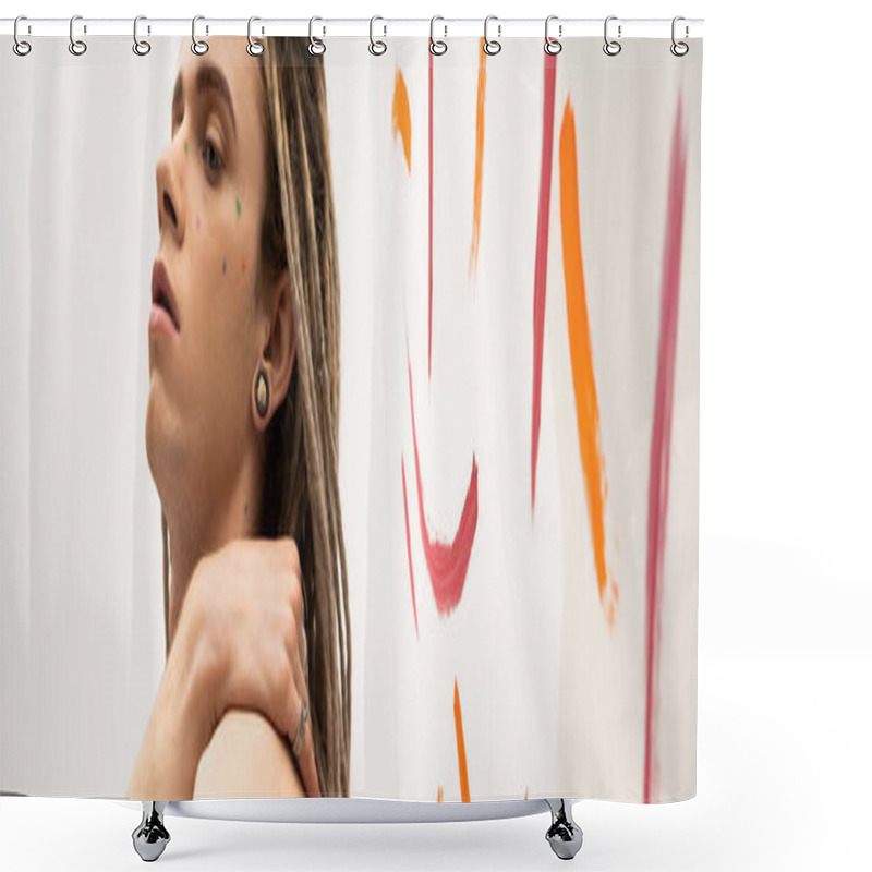 Personality  Portrait Of Queer Person With Dreadlocks Posing With Hand On Shoulder Near Colorful Brush Strokes On White, Banner Shower Curtains