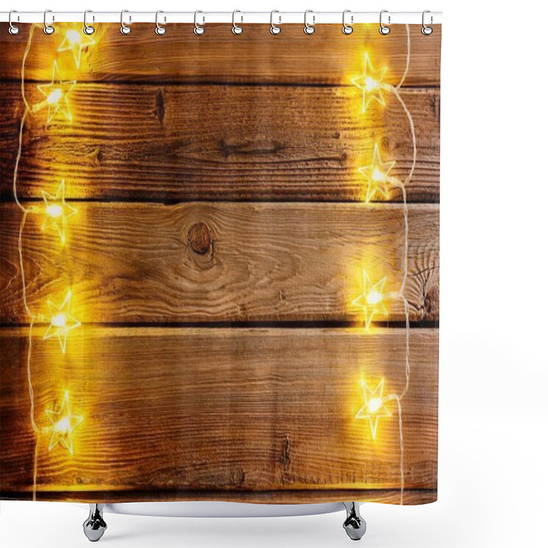 Personality  Christmas Lights On Wooden Rustic Background. Shower Curtains